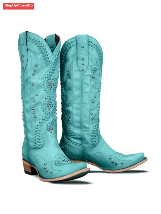Shoes - Women's Cowboy Boots Knee High Western Distressed Vegan Leather Stacked Heel